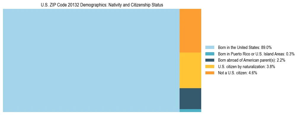 Treemap showing the population distribution by nativity and citizenship status in US ZIP Code 20132 based on U.S. Census data.