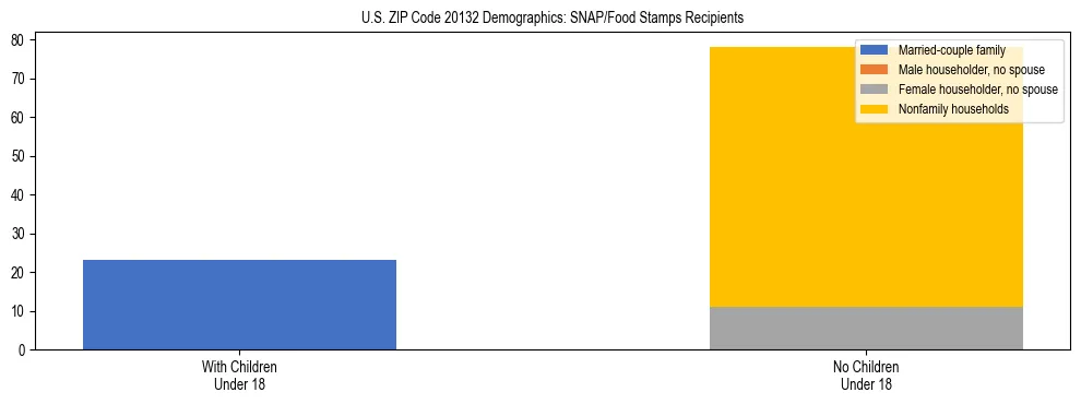 Stacked bar chart showing SNAP/Food Stamps recipient household composition by presence of children under 18 in US ZIP Code 20132, based on 2023 ACS data.