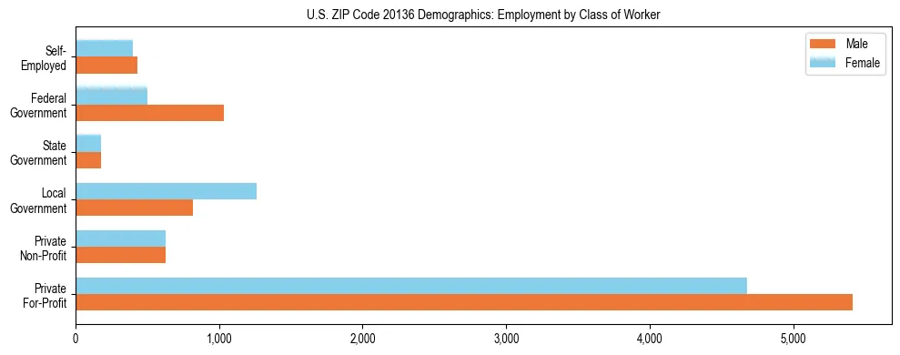 Horizontal bar chart showing employment distribution by class of worker and gender in US ZIP Code 20136, based on 2023 ACS data.