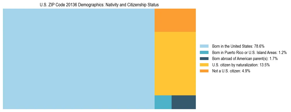 Treemap showing the population distribution by nativity and citizenship status in US ZIP Code 20136 based on U.S. Census data.