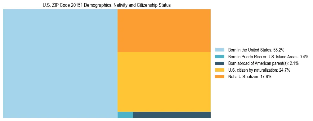 Treemap showing the population distribution by nativity and citizenship status in US ZIP Code 20151 based on U.S. Census data.