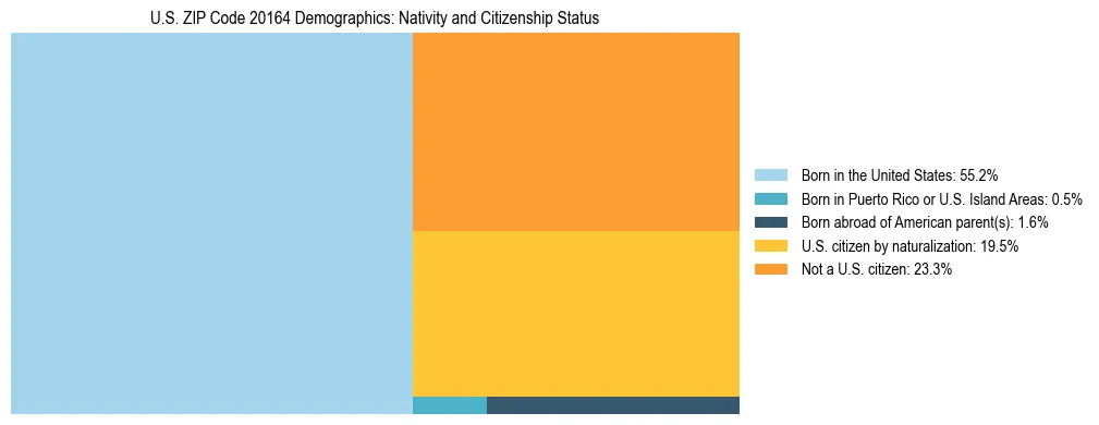 Treemap showing the population distribution by nativity and citizenship status in US ZIP Code 20164 based on U.S. Census data.