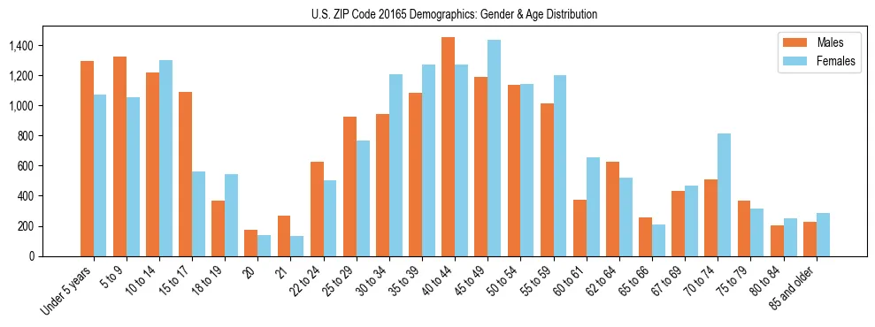 Bar chart showing the population distribution of US ZIP Code 20165 by age group and gender, based on 2023 ACS data.