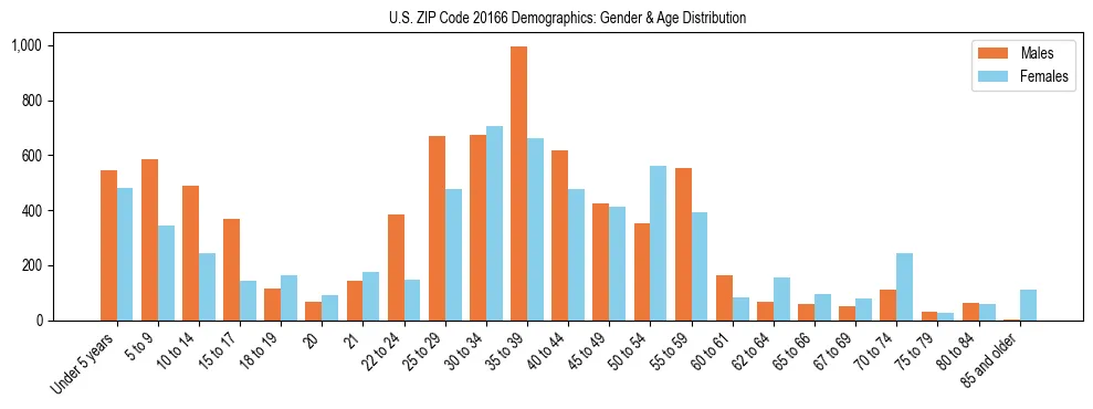 Bar chart showing the population distribution of US ZIP Code 20166 by age group and gender, based on 2023 ACS data.