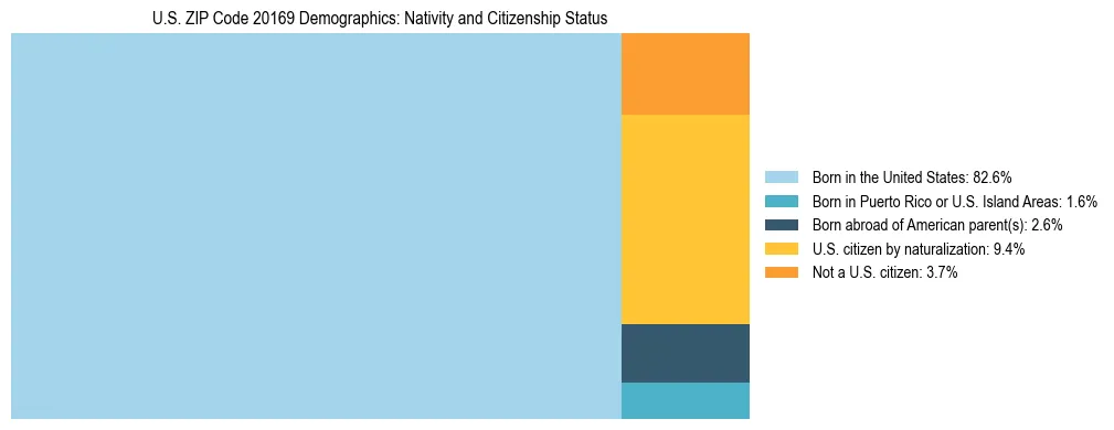 Treemap showing the population distribution by nativity and citizenship status in US ZIP Code 20169 based on U.S. Census data.