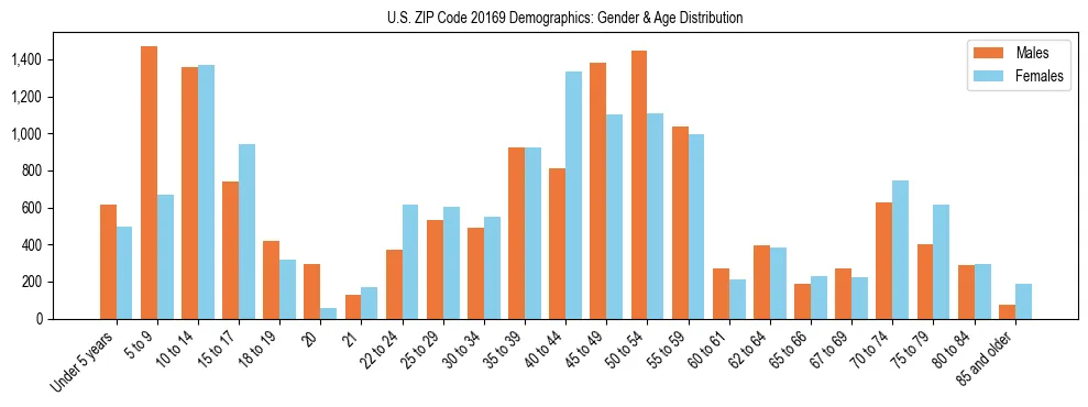 Bar chart showing the population distribution of US ZIP Code 20169 by age group and gender, based on 2023 ACS data.