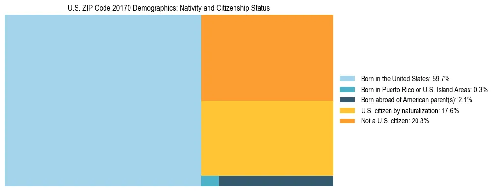 Treemap showing the population distribution by nativity and citizenship status in US ZIP Code 20170 based on U.S. Census data.