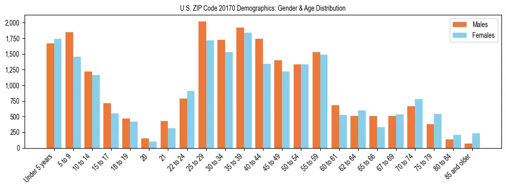 Bar chart showing the population distribution of US ZIP Code 20170 by age group and gender, based on 2023 ACS data.