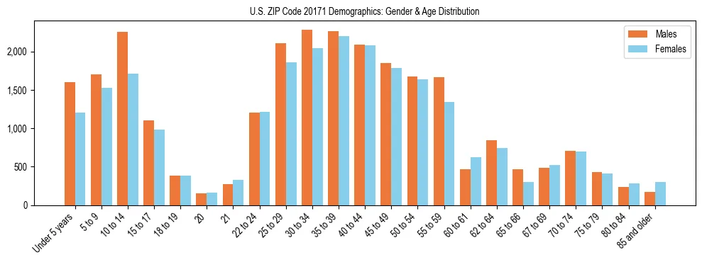 Bar chart showing the population distribution of US ZIP Code 20171 by age group and gender, based on 2023 ACS data.