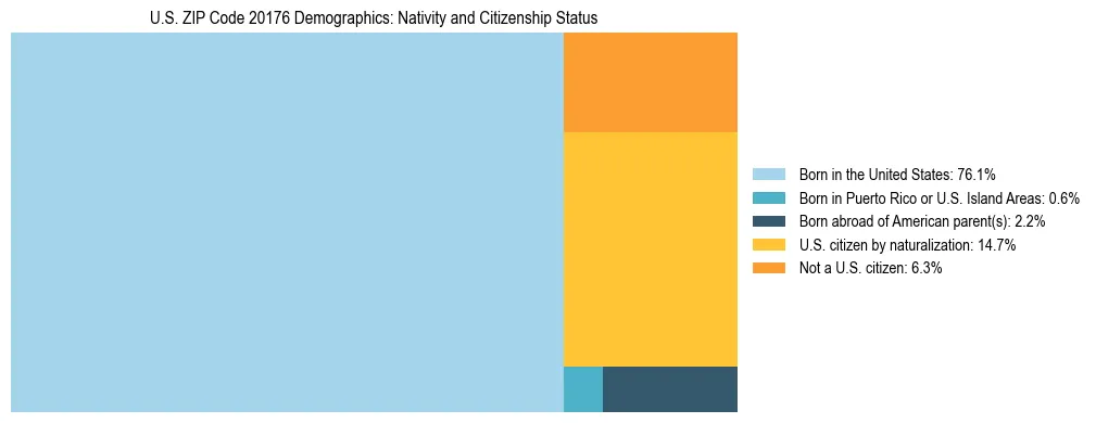 Treemap showing the population distribution by nativity and citizenship status in US ZIP Code 20176 based on U.S. Census data.