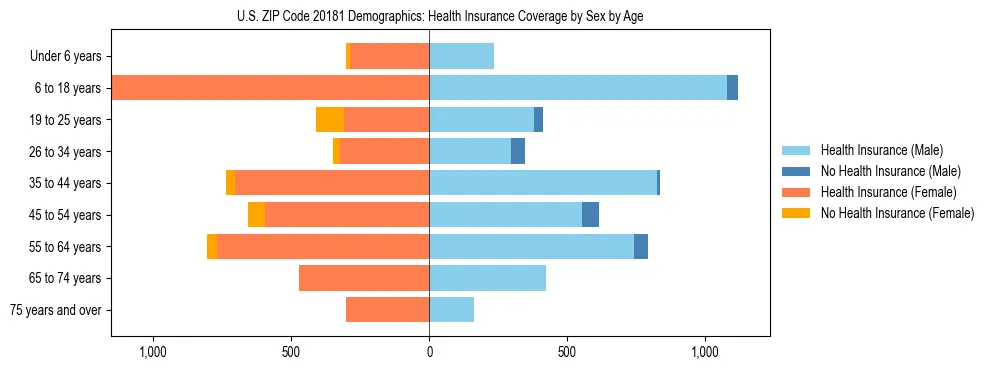 Pyramid chart showing health insurance coverage by age and sex in US ZIP Code 20181.