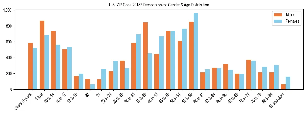 Bar chart showing the population distribution of US ZIP Code 20187 by age group and gender, based on 2023 ACS data.