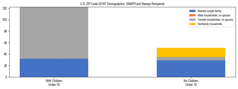 Stacked bar chart showing SNAP/Food Stamps recipient household composition by presence of children under 18 in US ZIP Code 20187, based on 2023 ACS data.