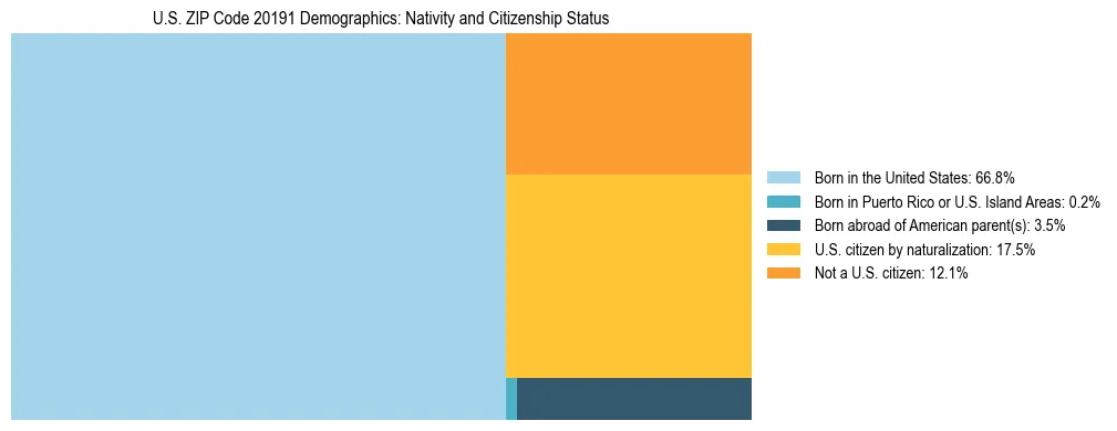 Treemap showing the population distribution by nativity and citizenship status in US ZIP Code 20191 based on U.S. Census data.