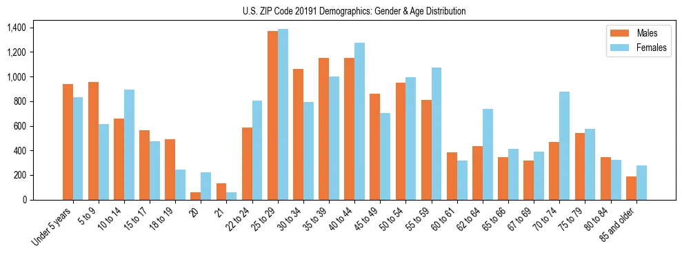 Bar chart showing the population distribution of US ZIP Code 20191 by age group and gender, based on 2023 ACS data.