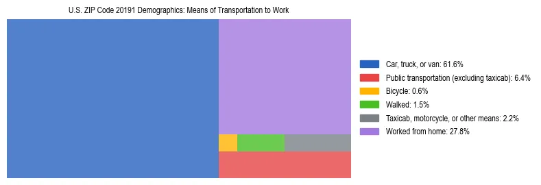 Treemap showing means of transportation to work distribution in US ZIP Code 20191.