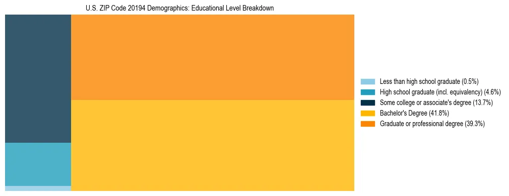 Treemap chart illustrating the educational attainment breakdown for population 25 years and over in US ZIP Code 20194.