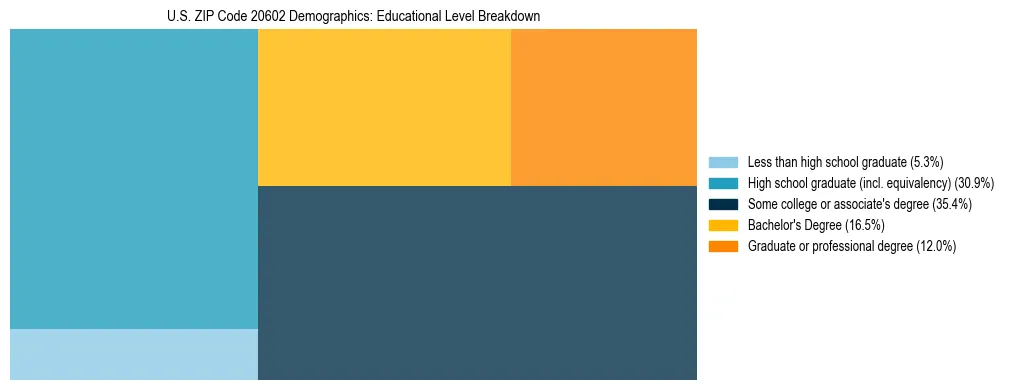 Treemap chart illustrating the educational attainment breakdown for population 25 years and over in US ZIP Code 20602.