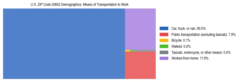 Treemap showing means of transportation to work distribution in US ZIP Code 20602.