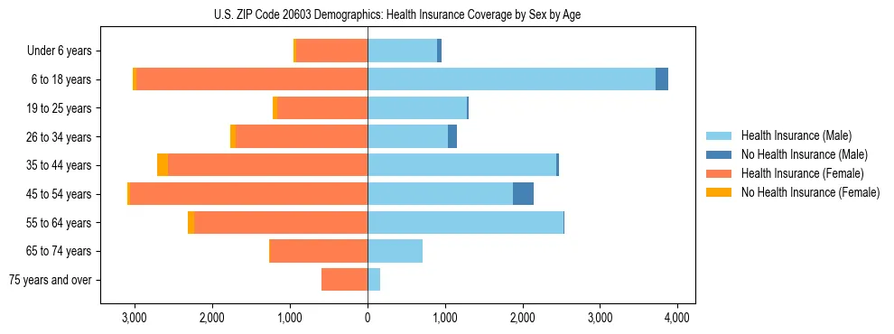 Pyramid chart showing health insurance coverage by age and sex in US ZIP Code 20603.