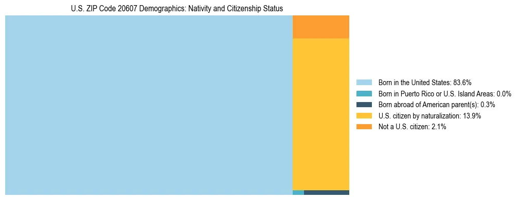 Treemap showing the population distribution by nativity and citizenship status in US ZIP Code 20607 based on U.S. Census data.