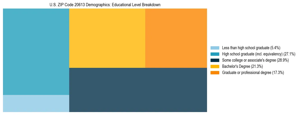 Treemap chart illustrating the educational attainment breakdown for population 25 years and over in US ZIP Code 20613.