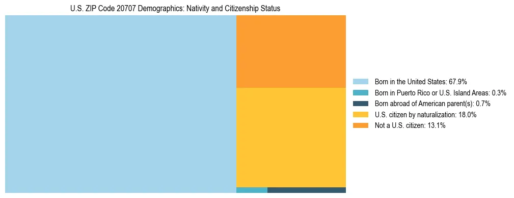 Treemap showing the population distribution by nativity and citizenship status in US ZIP Code 20707 based on U.S. Census data.