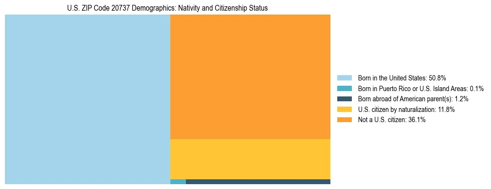 Treemap showing the population distribution by nativity and citizenship status in US ZIP Code 20737 based on U.S. Census data.