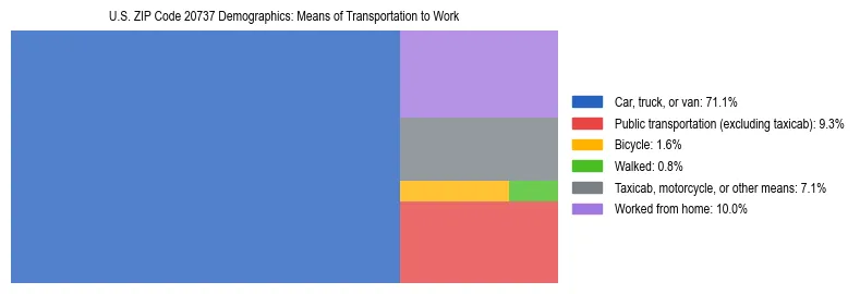 Treemap showing means of transportation to work distribution in US ZIP Code 20737.
