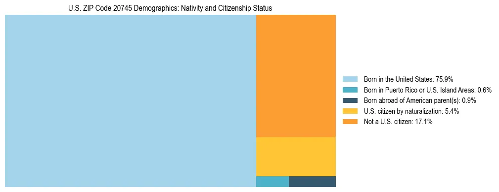 Treemap showing the population distribution by nativity and citizenship status in US ZIP Code 20745 based on U.S. Census data.