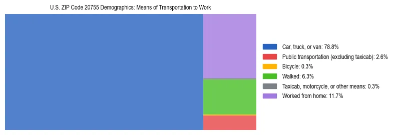 Treemap showing means of transportation to work distribution in US ZIP Code 20755.