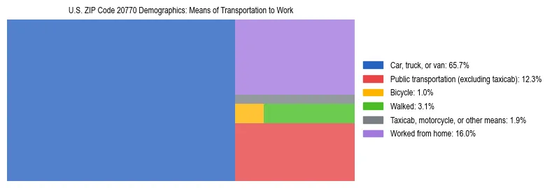 Treemap showing means of transportation to work distribution in US ZIP Code 20770.