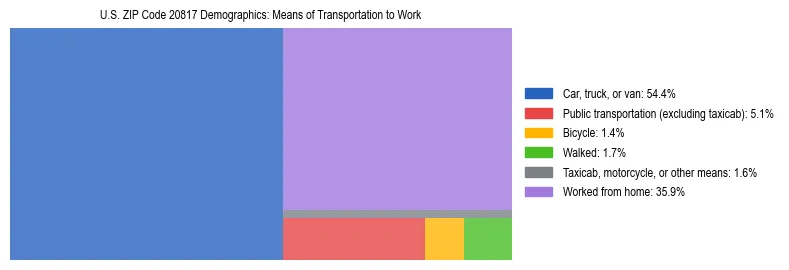Treemap showing means of transportation to work distribution in US ZIP Code 20817.