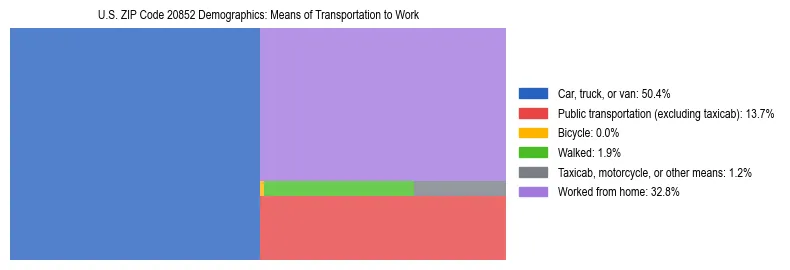 Treemap showing means of transportation to work distribution in US ZIP Code 20852.