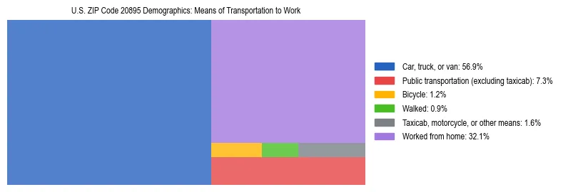 Treemap showing means of transportation to work distribution in US ZIP Code 20895.