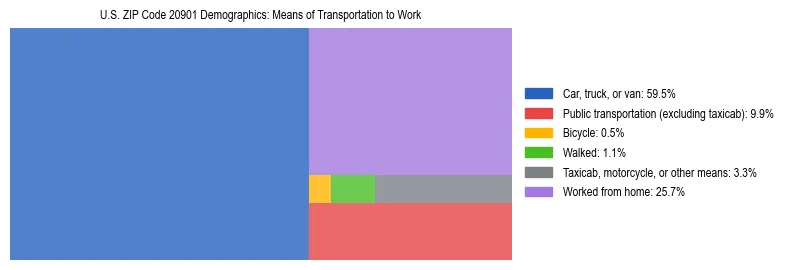 Treemap showing means of transportation to work distribution in US ZIP Code 20901.