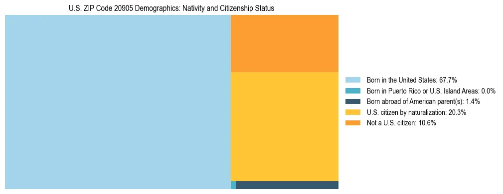Treemap showing the population distribution by nativity and citizenship status in US ZIP Code 20905 based on U.S. Census data.
