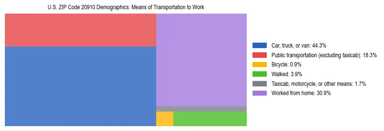 Treemap showing means of transportation to work distribution in US ZIP Code 20910.