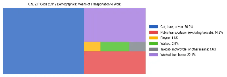 Treemap showing means of transportation to work distribution in US ZIP Code 20912.
