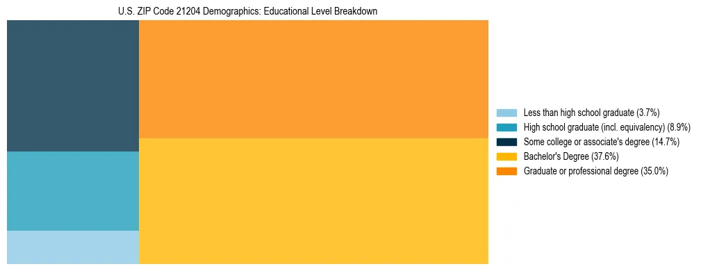 Treemap chart illustrating the educational attainment breakdown for population 25 years and over in US ZIP Code 21204.