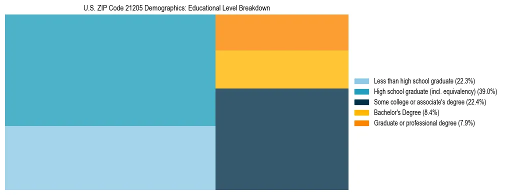 Treemap chart illustrating the educational attainment breakdown for population 25 years and over in US ZIP Code 21205.