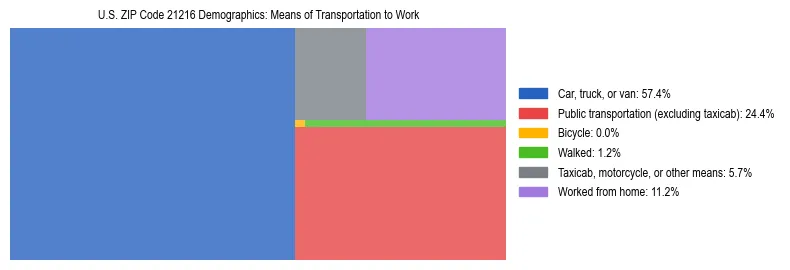 Treemap showing means of transportation to work distribution in US ZIP Code 21216.