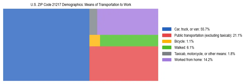 Treemap showing means of transportation to work distribution in US ZIP Code 21217.