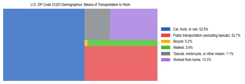 Treemap showing means of transportation to work distribution in US ZIP Code 21223.