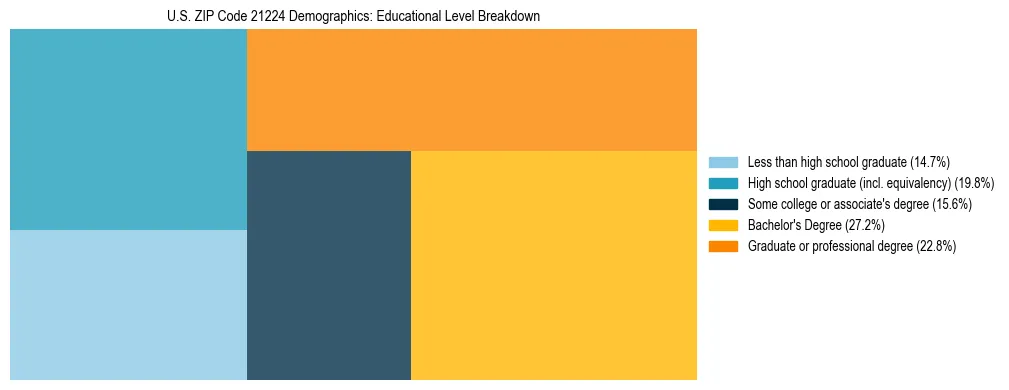 Treemap chart illustrating the educational attainment breakdown for population 25 years and over in US ZIP Code 21224.