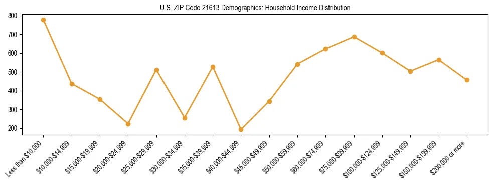 Horizontal bar chart showing household income distribution in US ZIP Code 21613.