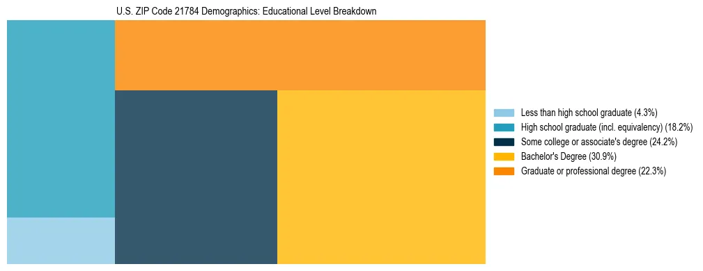 Treemap chart illustrating the educational attainment breakdown for population 25 years and over in US ZIP Code 21784.