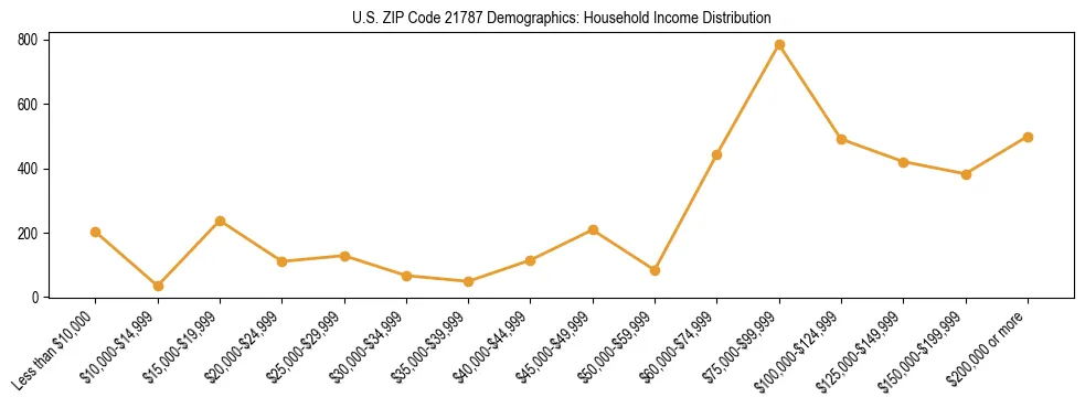 Horizontal bar chart showing household income distribution in US ZIP Code 21787.