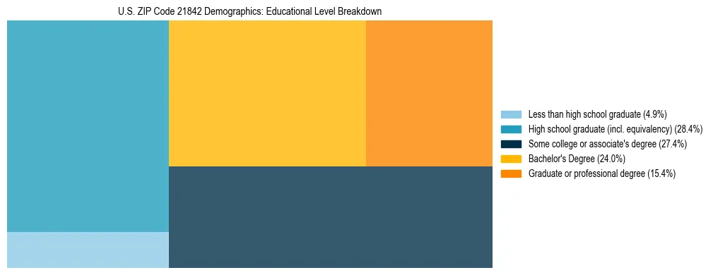 Treemap chart illustrating the educational attainment breakdown for population 25 years and over in US ZIP Code 21842.