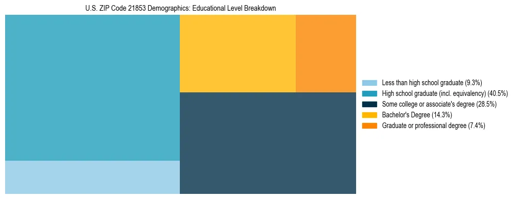 Treemap chart illustrating the educational attainment breakdown for population 25 years and over in US ZIP Code 21853.
